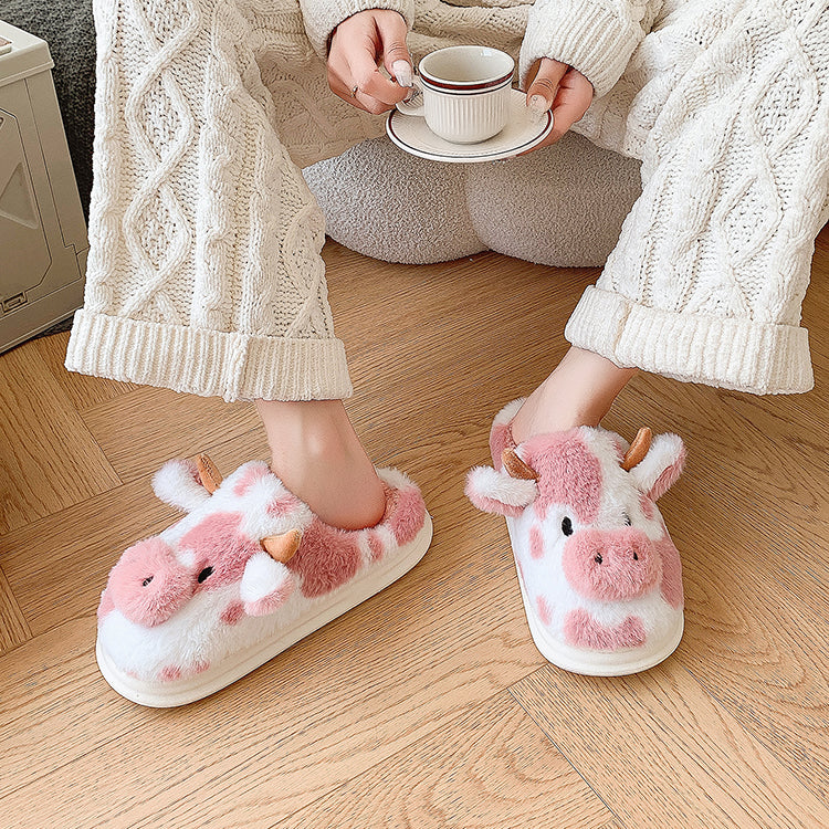 Women's Fluffy Cow Slippers Plush Winter Home Slides Comfort