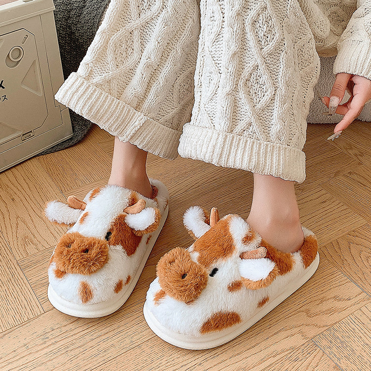 Women's Fluffy Cow Slippers Plush Winter Home Slides Comfort