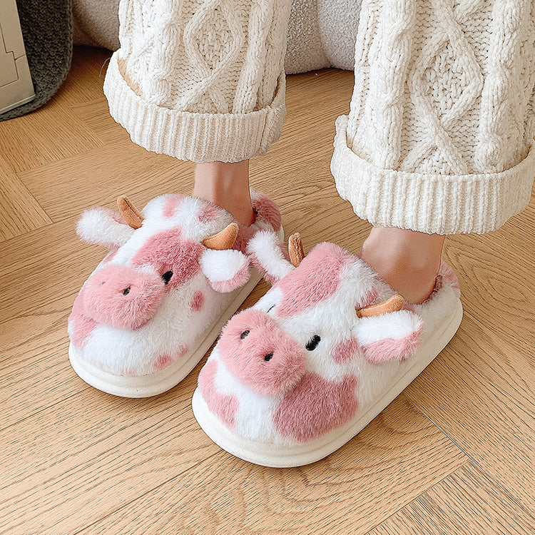 Women's Fluffy Cow Slippers Plush Winter Home Slides Comfort