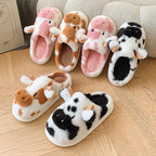 Women's Fluffy Cow Slippers Plush Winter Home Slides Comfort