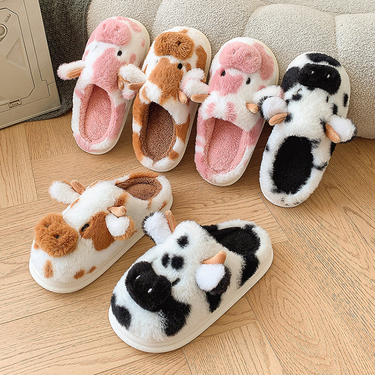 Women's Fluffy Cow Slippers Plush Winter Home Slides Comfort