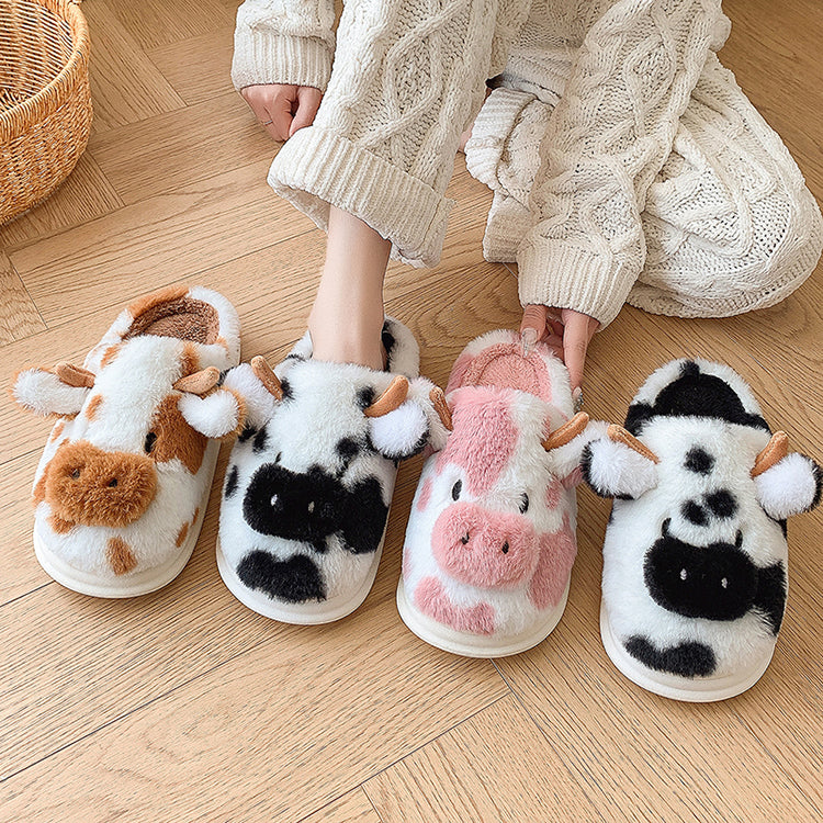 Women's Fluffy Cow Slippers Plush Winter Home Slides Comfort