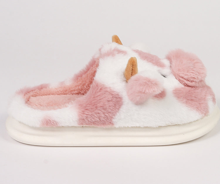 Women's Fluffy Cow Slippers Plush Winter Home Slides Comfort