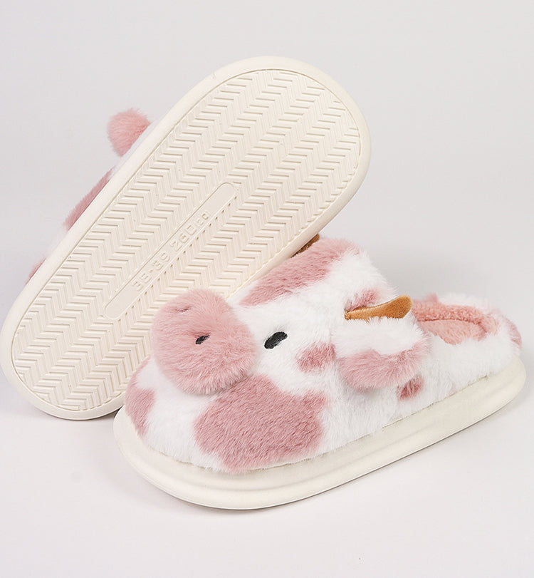 Women's Fluffy Cow Slippers Plush Winter Home Slides Comfort