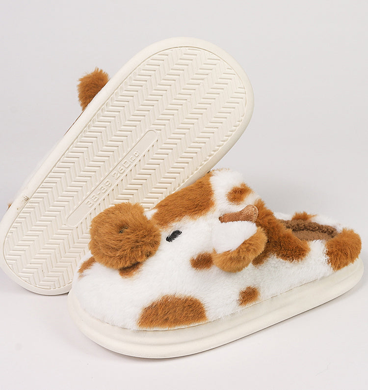 Women's Fluffy Cow Slippers Plush Winter Home Slides Comfort