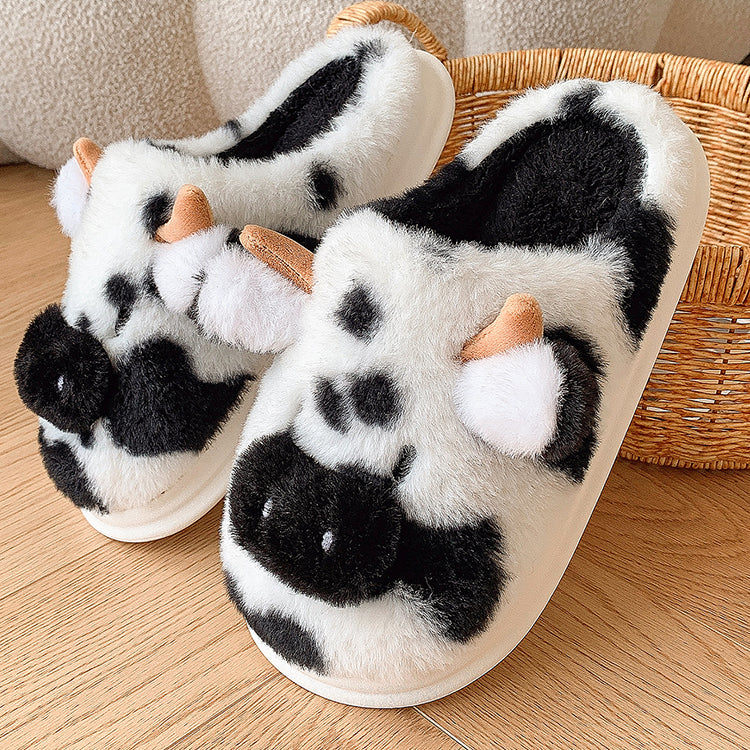 Women's Fluffy Cow Slippers Plush Winter Home Slides Comfort