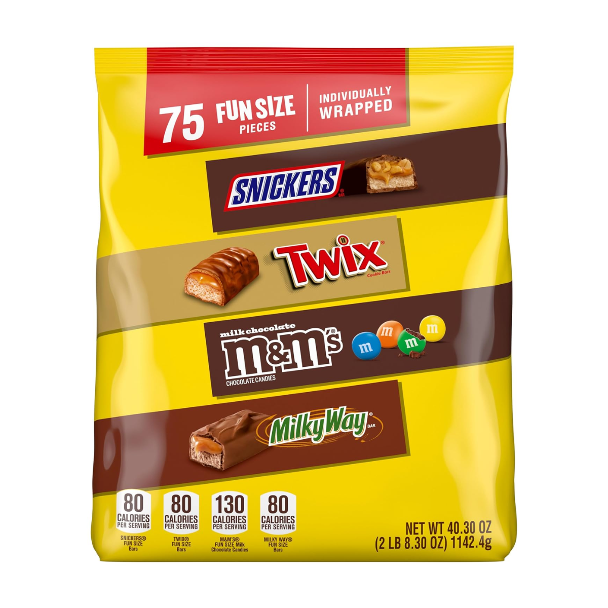 Mars Snickers, M&M'S Milk Chocolate, Milky Way & Twix Fun Size Chocolate Candy Variety Pack, 75 Ct Bulk Bag (2.73 Pounds)