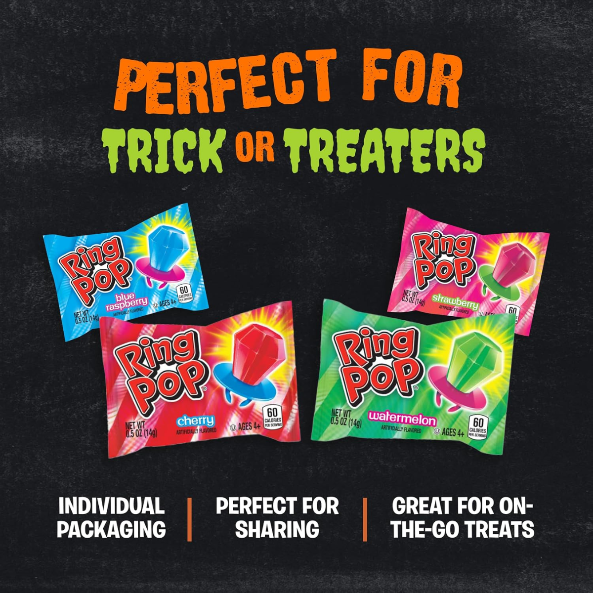 Ring Pop Halloween Candy Lollipops, 100 Count, Bulk Party Favors