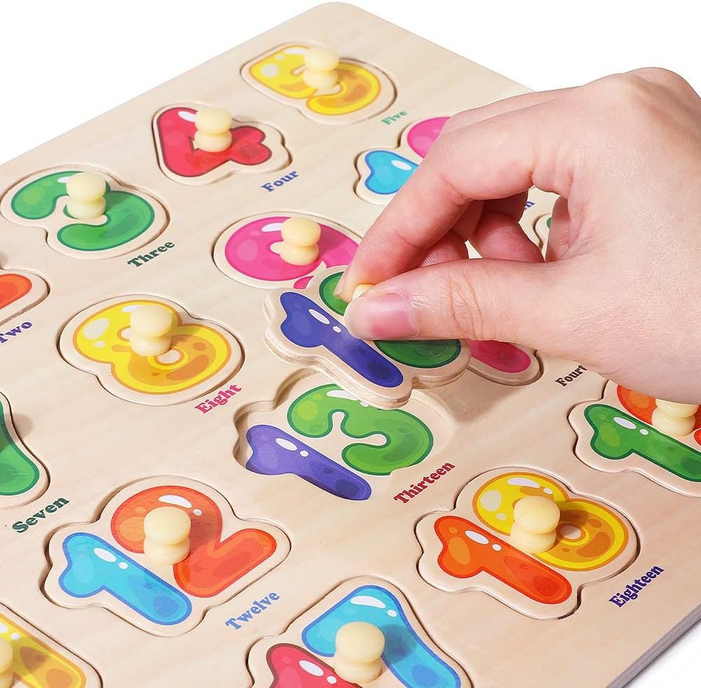 Wooden Peg Puzzle for Toddlers, 6 Pack Toddler Puzzles Set for 3 4 5 Years Old (Alphabet Number Shape Animal Dinosaur Vehicle), Preschool Education Learning Puzzle Toys for Girls and Boys