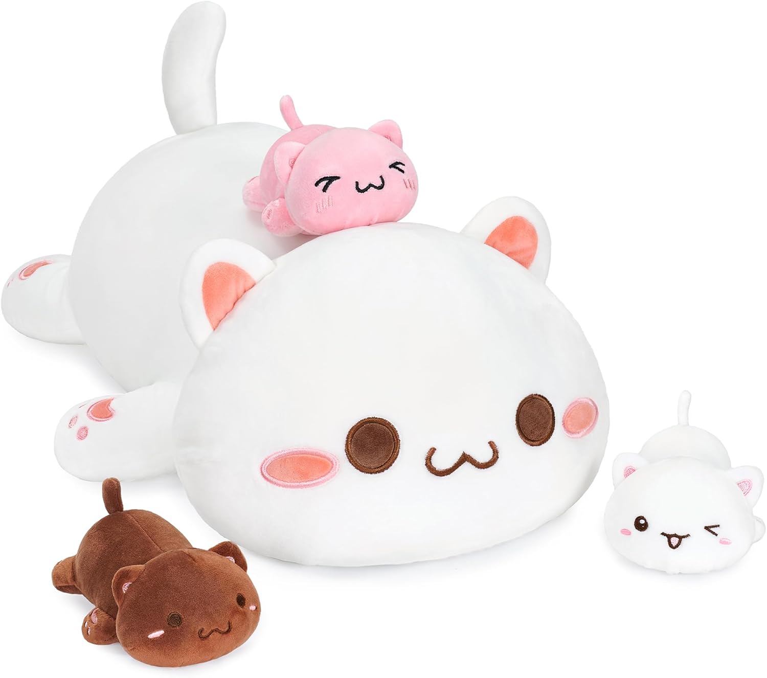 Onsoyours Cat Stuffed Animal Mommy 19.7" with 3 Kitty Plushies, 4 Piece of Cute Cat Plush Pillow Toys for Kids Girls Boys