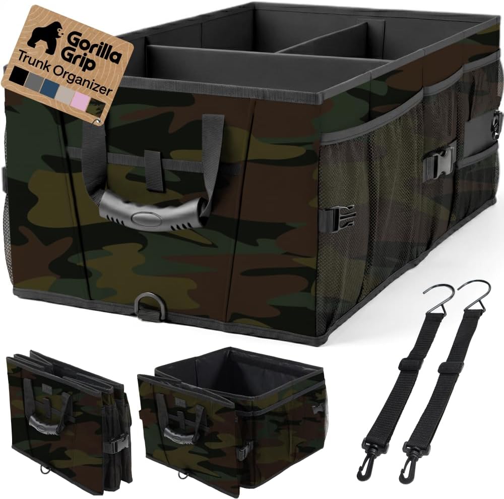 GORILLA GRIP Trunk Organizer for SUV and Cars, Large Capacity Collapsible Car Trunk Storage Organizer, Heavy Duty Car Accessories, Gifts for Mom and Dad, Slip & Water Resistant Multi Compartment