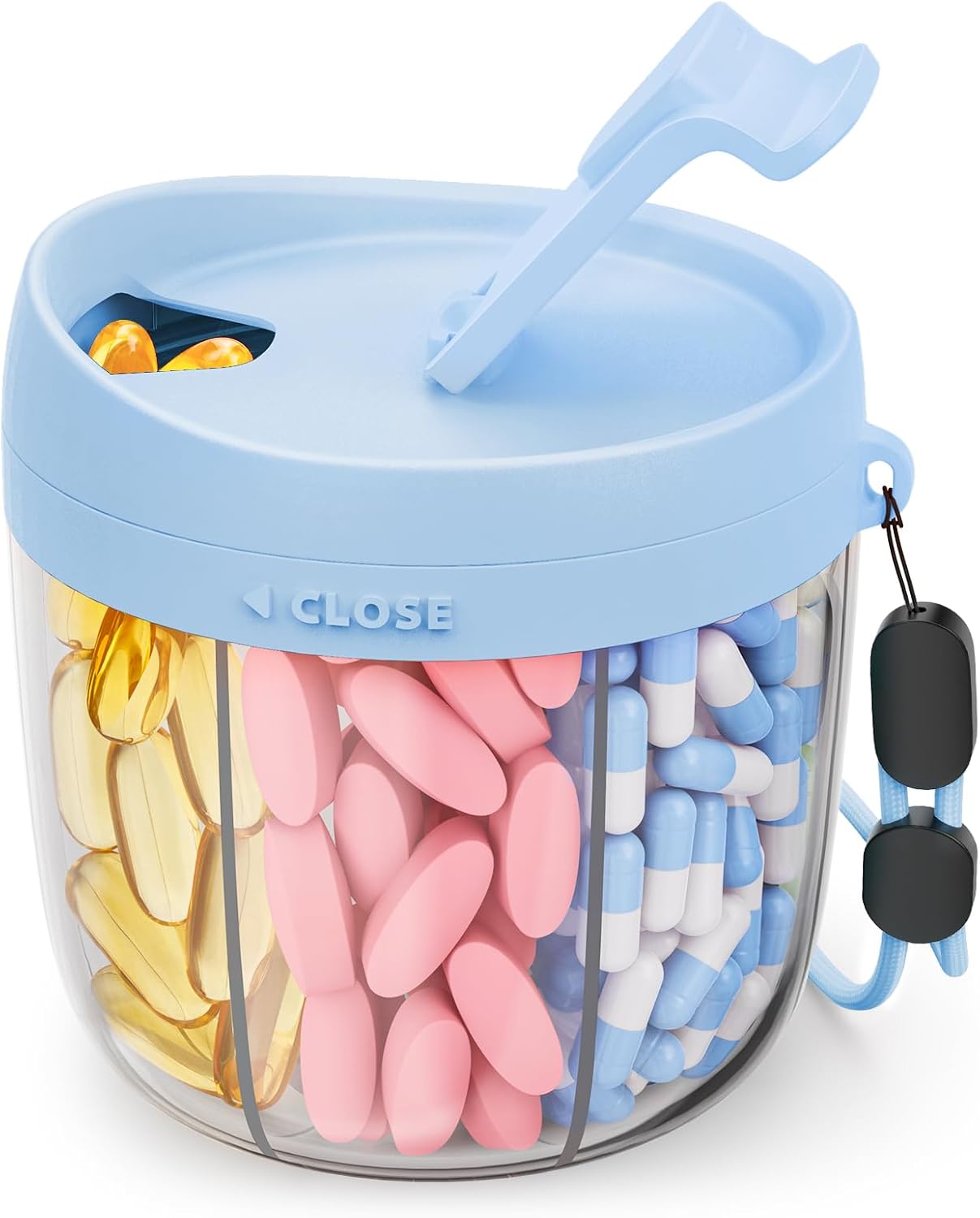 AMOOS Cute Pill Dispenser with 7 Large Compartments, Portable Pill Bottle Organizer with Wide Opening for Easy Use, Anti-Mix Pill Organizer for Travel, BPA-Free Pill Container