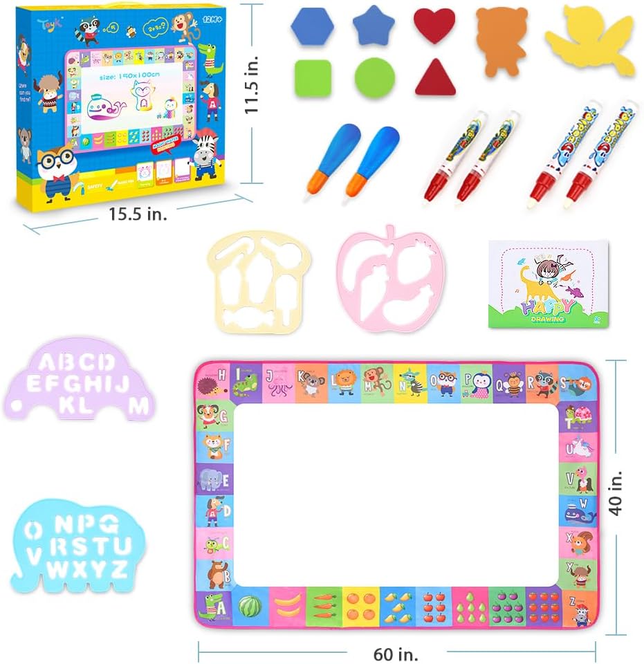 Water Doodle Mat - Kids Color Painting Toy, Gift Set for Toddlers 3-7 | Great Educational Water Doodle Mat - Toddler Painting Toy Gift with Fun Stencils, Magic Pens & Drawing Templates for Kids
