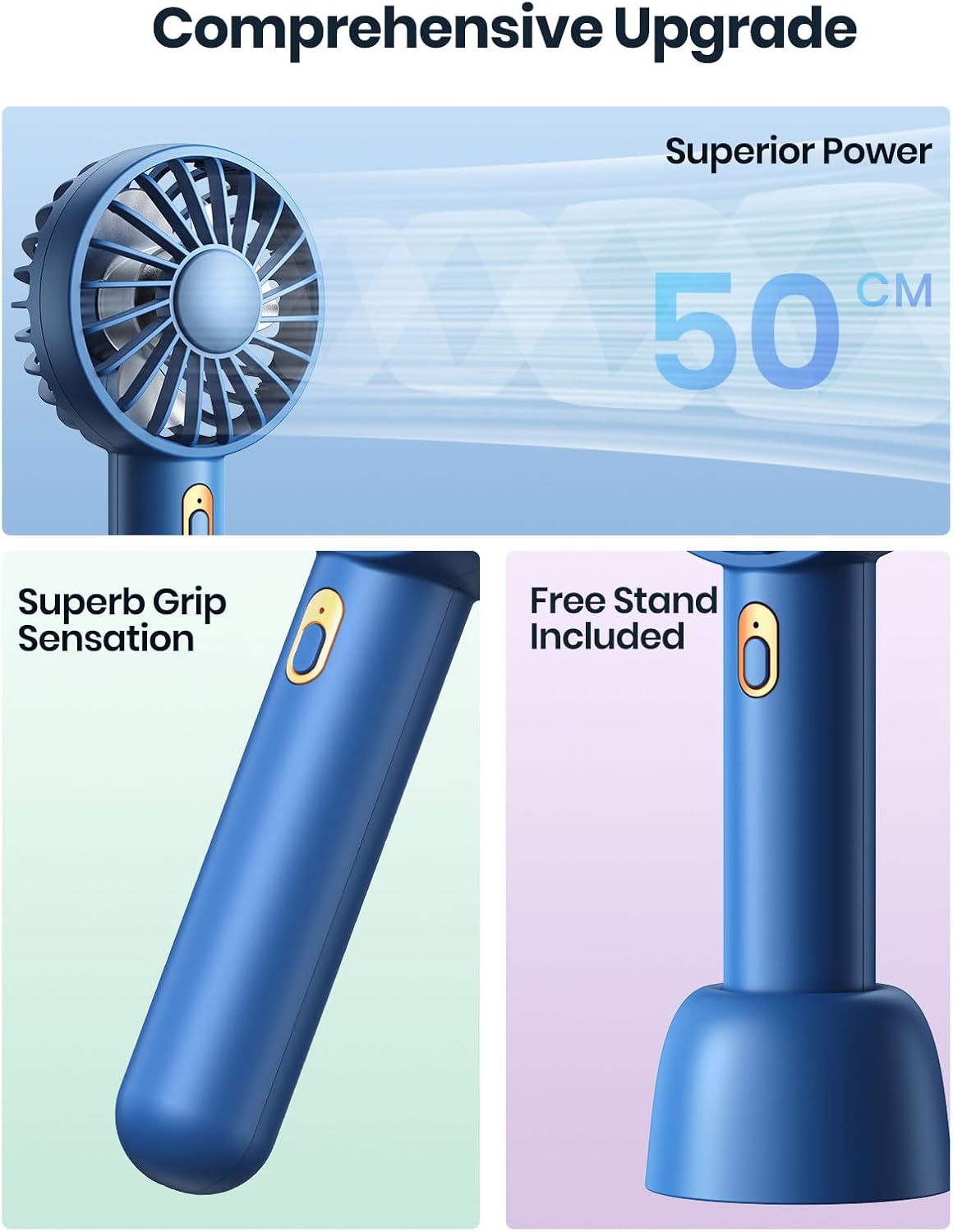 Warmco Mini Portable Fan 2-Pack - 3 Speed Rechargeable Handheld & Desk Fan with Base, Compact Cooling for Travel, Makeup, Summer Gift (Blue & Pink)