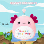 SQEQE Happy Birthday Axolotl Plush Axolotl Stuffed Animal Toy Pink Birthday Plushies Home Decor for Girls Boys Kids(14 Inch)