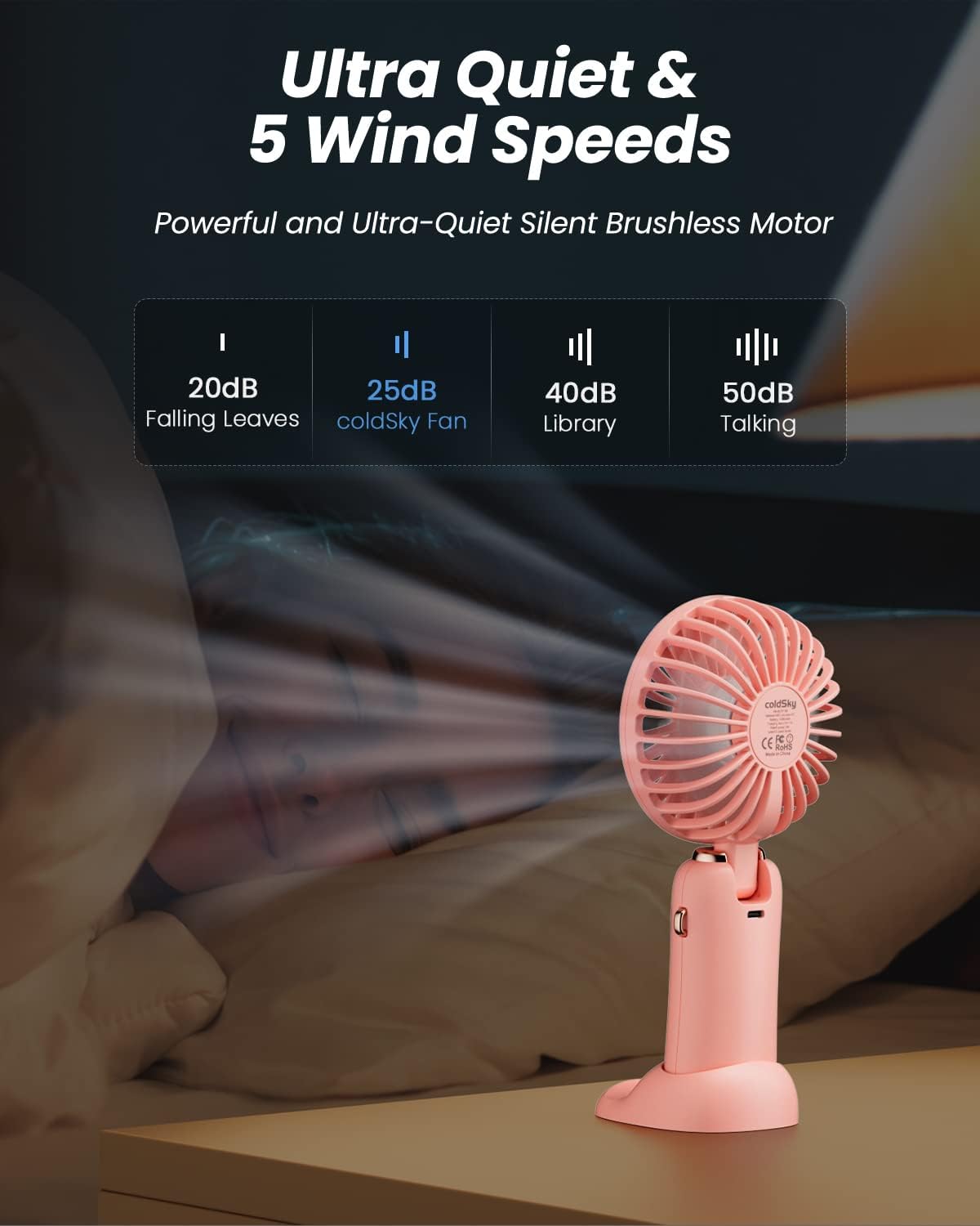 coldSky Portable Handheld Fan, 4000mAh Battery Operated 3 in 1 Multifunction Personal Travel Fans with Digital Display, 90° Foldable Desk Fans with Base, 5 Speed Lash Fan for Makeup/Office