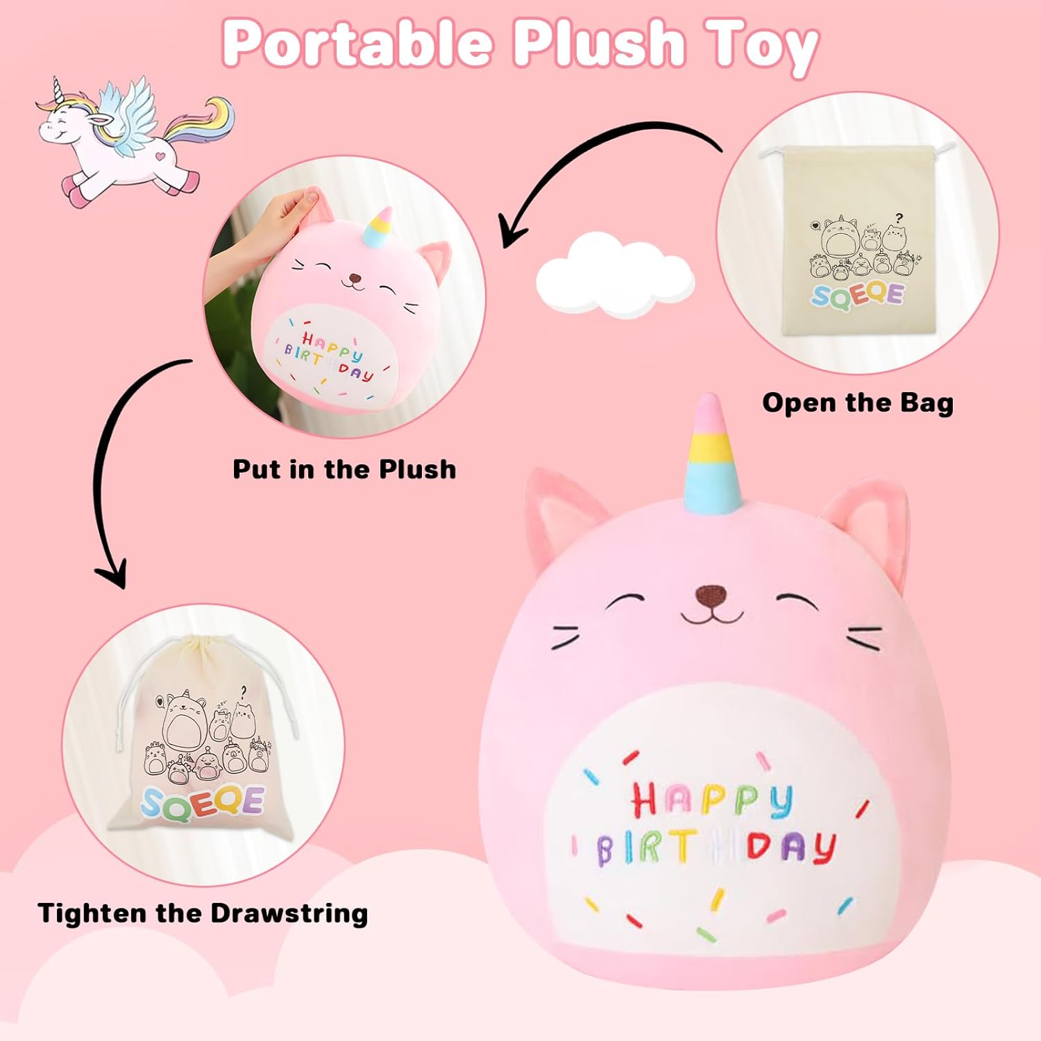 SQEQE Cat Plush Toy Unicorn Cat Stuffed Animal Cute Birthday Plushies Pillow Soft Plushie Doll Gifts for Kid Decor(Pink Caticorn, 8, 10, 14 Inch)