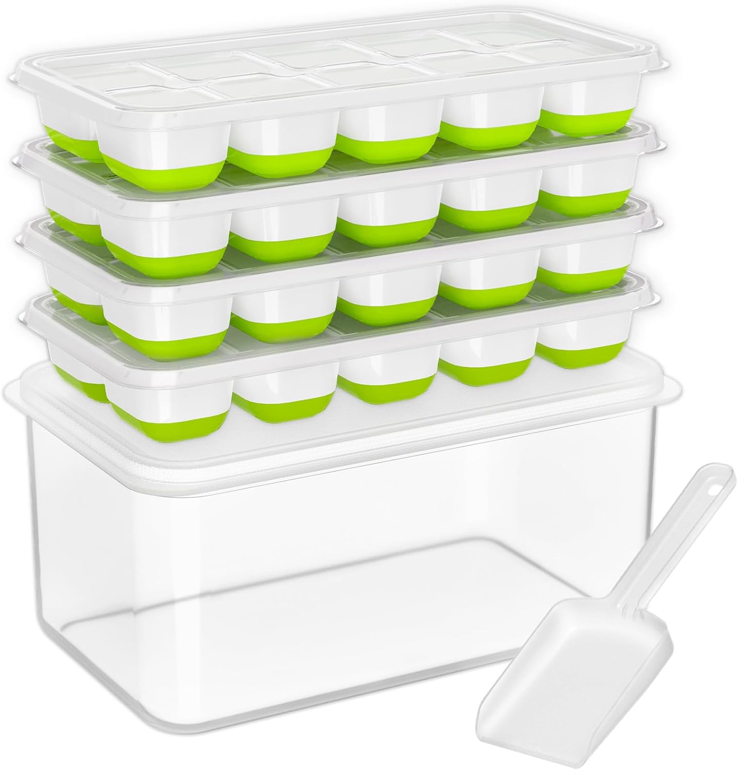 DOQAUS Ice Cube Tray with Lid and Bin - 4 Pack Silicone Ice Cube Trays for Freezer, Stackable Ice Bucket Kits with Storage Container & Scoop for Kitchen, RV, Cocktail, Coffee