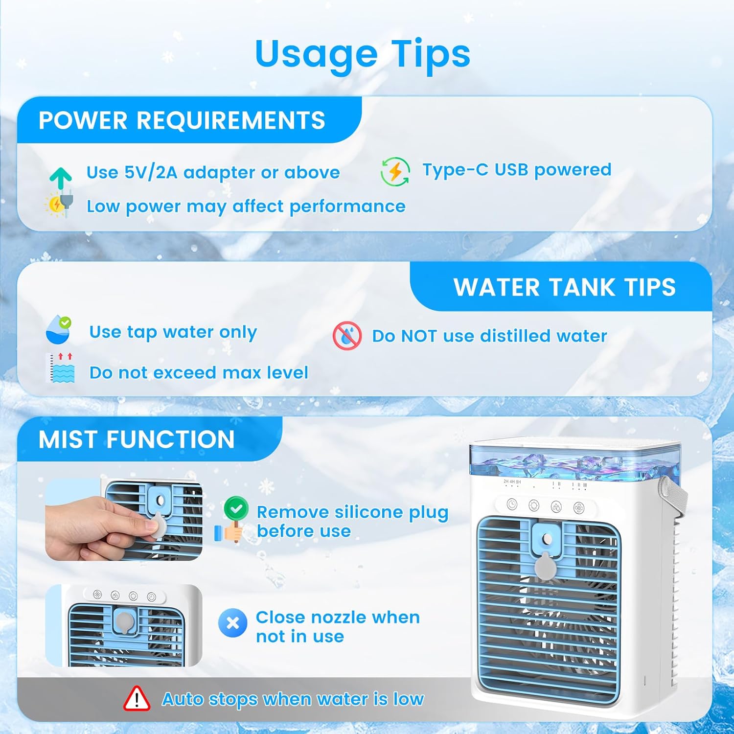 Portable Air Conditioners, 4 in 1 Mini AC Air Conditioner with 1000ml Water Tank, 3 Speeds, 2 Mist Modes, 2/4/8H Timer, Ambient Light, USB Evaporative Air Cooler Cooling Fan for Camping Room Bedroom