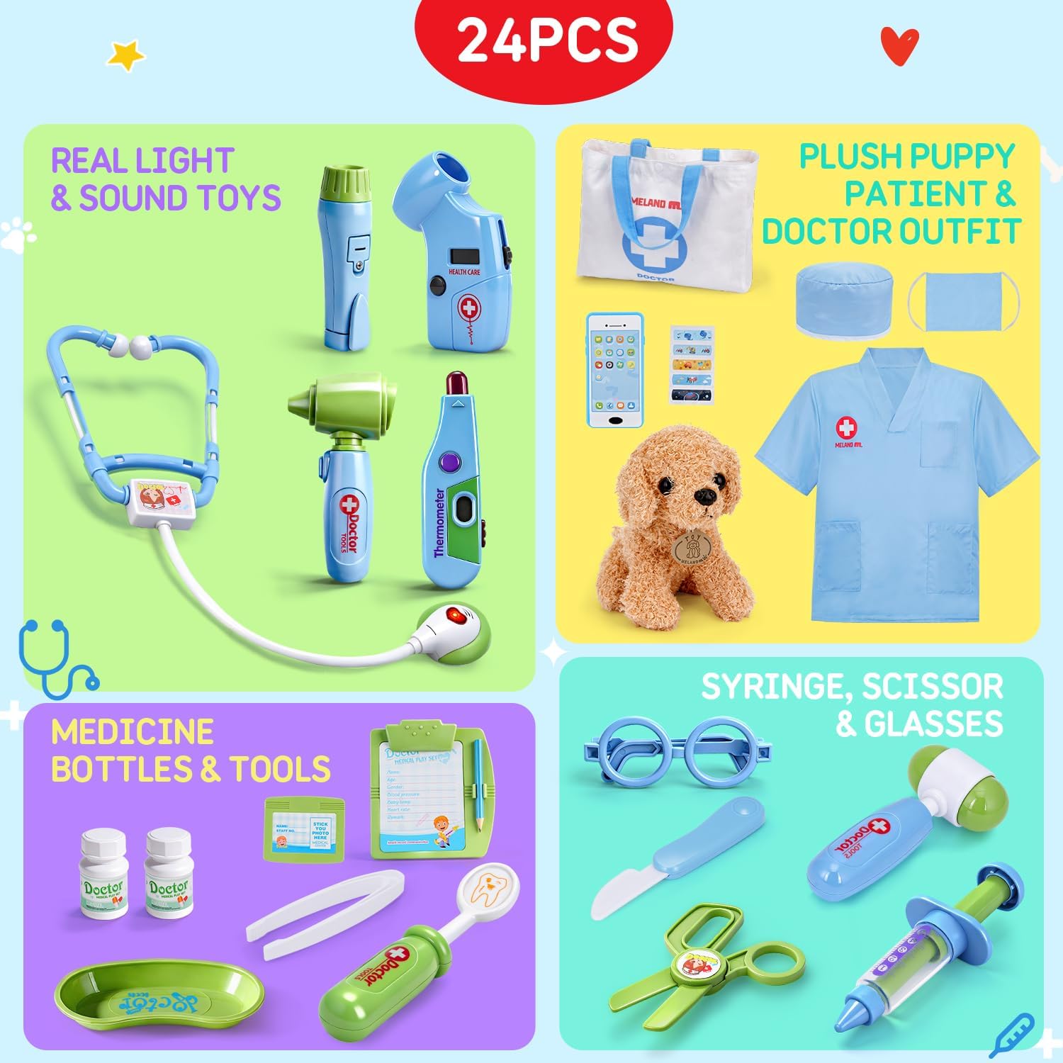 Meland Toy Doctor Kit for Girls - Pretend Play Doctor Set with Carrying Case,Stethoscope Toy & Dress Up Costume - Doctor Play Set for Girls Toddlers Ages 3 4 5 6 Year Old for Role Play Gift