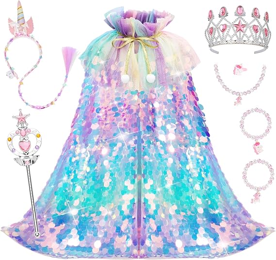 Meland Princess Dress Up for Girls 3-8, Mermaid Cape with Crown, Dress Up Clothes Birthday Gift Toys for Girls Toddlers