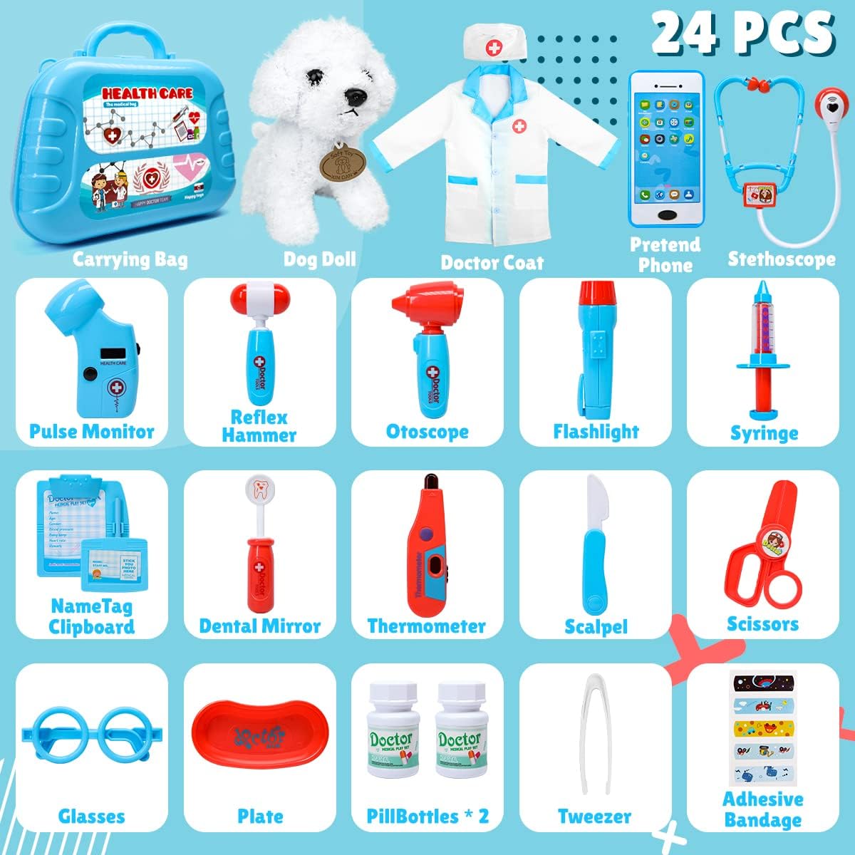 Meland Toy Doctor Kit for Girls - Pretend Play Doctor Set with Carrying Case,Stethoscope Toy & Dress Up Costume - Doctor Play Set for Girls Toddlers Ages 3 4 5 6 Year Old for Role Play Gift