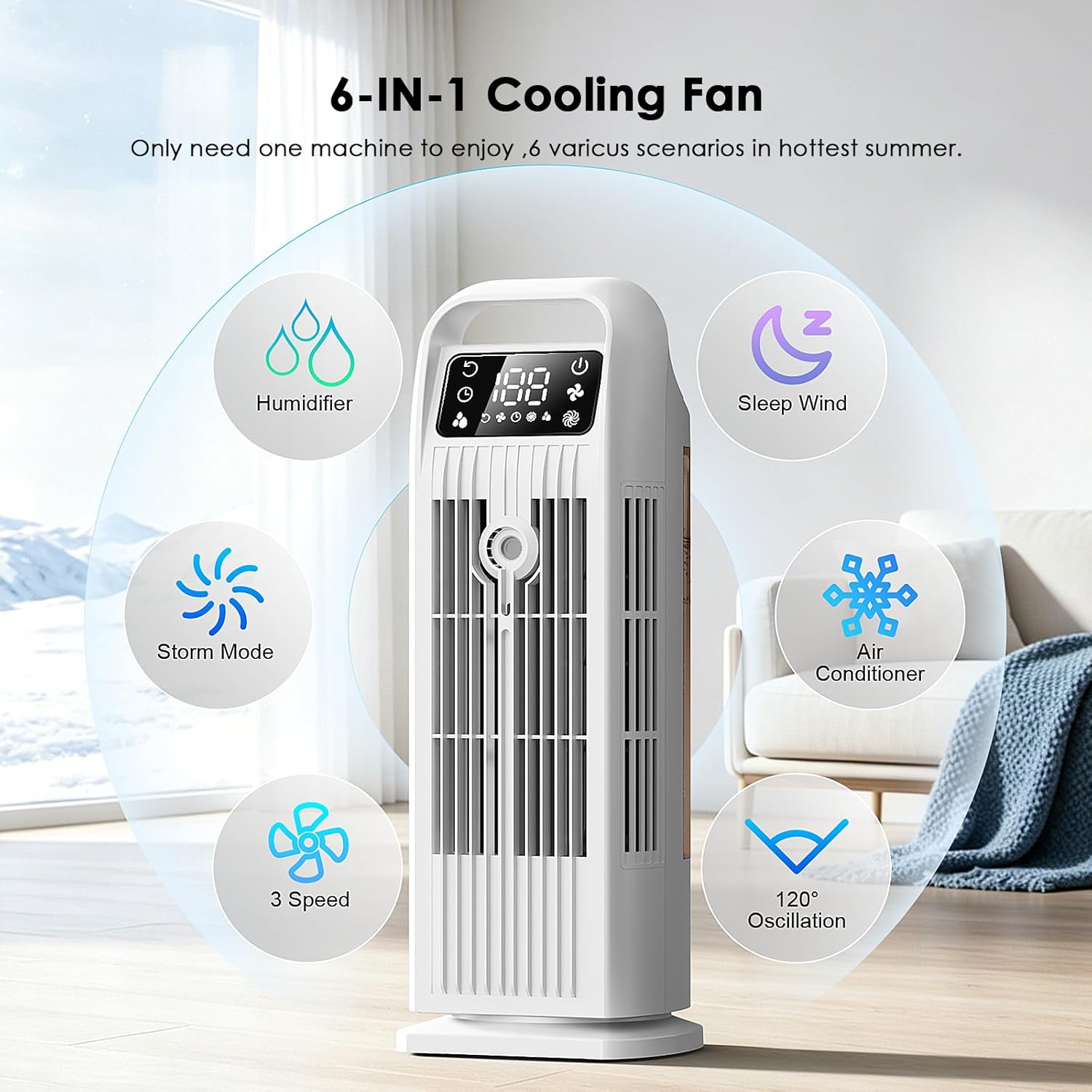 Portable Air Conditioners, 4 IN 1 Evaporative Air Cooler, 1200ML Water Tank, 3 Speeds & Storm Mode & Mist Spray, 120° Auto Oscillation, 12H Timer, Quiet Tower Cooling Fan for Room, Bedroom - White ﻿