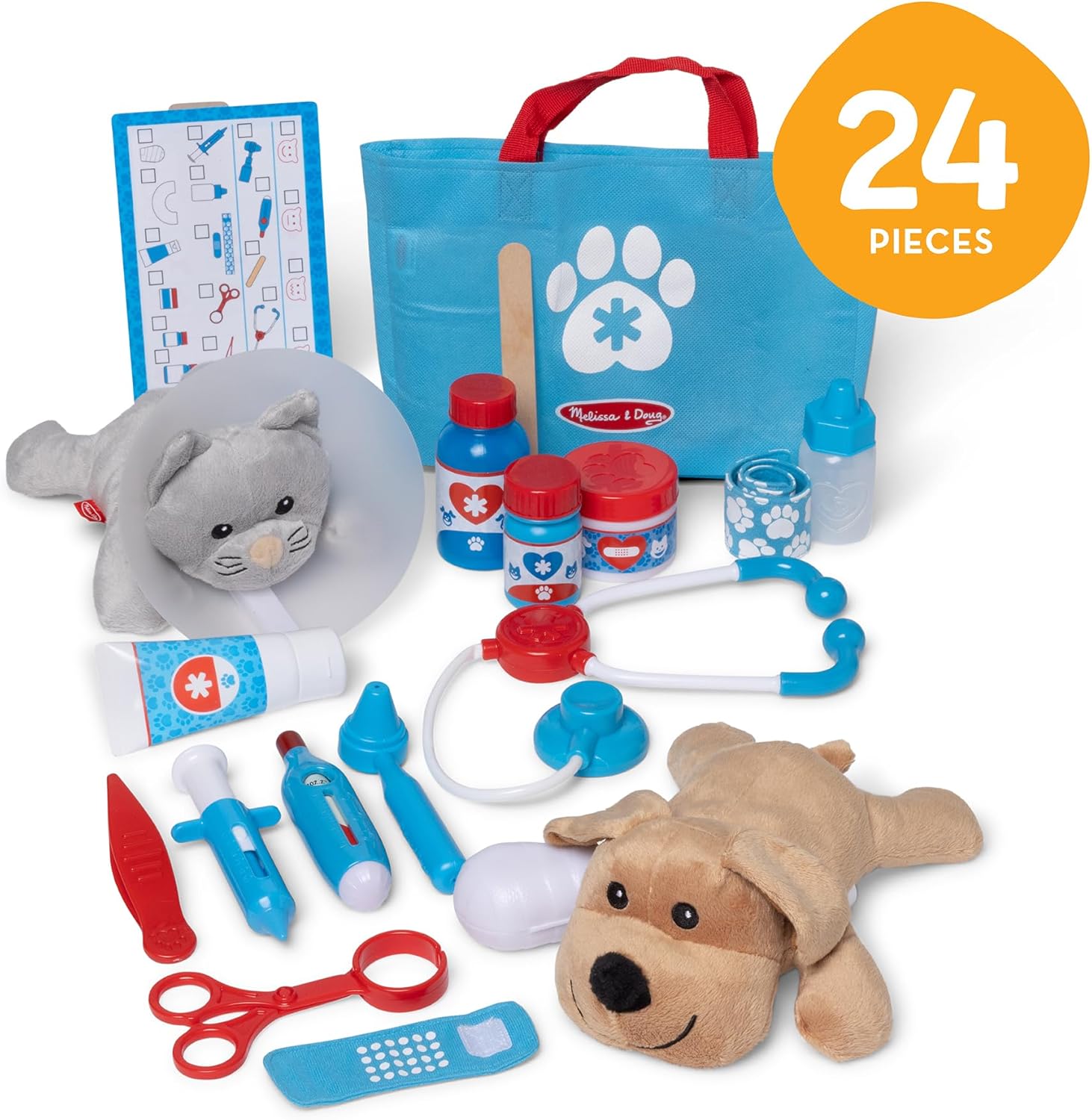 Examine and Treat Pet Vet Play Set, 24-Piece Animal Doctor Playset with Dog & Cat Plushies, Pet Doctor Kit & Accessories, Preschool Toys for Girls & Boys Ages 3+