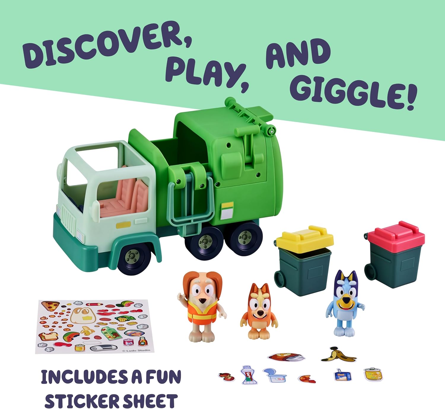 Bluey Garbage Truck Playset, Bingo & Bin Man Figures, Interactive Lever | Includes 2 rubbish bins, 2.5-inch articulated figures, two-seat cab, and rear storage for garbage trucks play