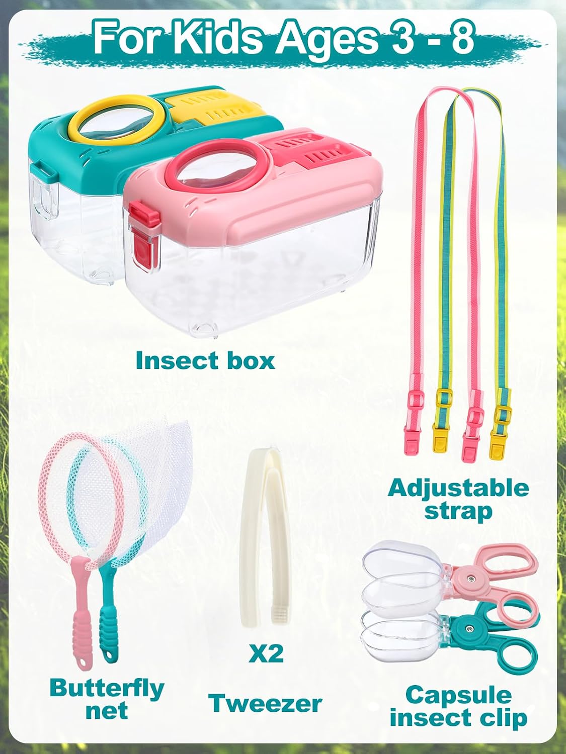 2 Sets Bug Catcher for Kids, Bug Catching Kit Gifts with Butterfly Net Toys | Built-in Magnifying Glass Bugs Box, Kids Camping Toys Bugs Collection Outdoor Explorer Kit for Age 3 4 5 6 7 8