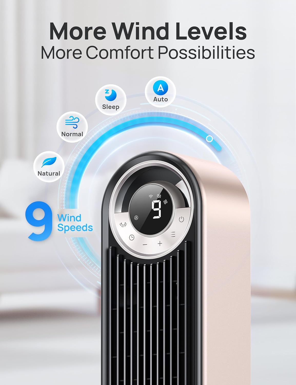 DREO Tower Fan for Bedroom, 90° Oscillating Standing Fan with 28ft/s Velocity, 20dB Quiet for Sleep, DC Motor, 9 Speeds, 4 Modes, 12H Timer, Voice & APP & Remote Control, Starlight