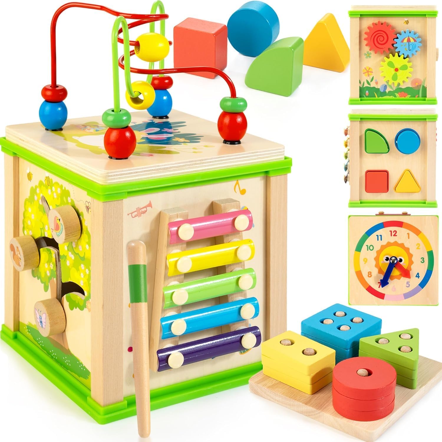 WOODMAM Wooden 7-in-1 Activity Cube, Montessori Toys for 1 Year Old | Baby Educational Developmental Toys, One Year Old Boys Girls First Birthday Gifts, Bonus Sorting & Stacking Board