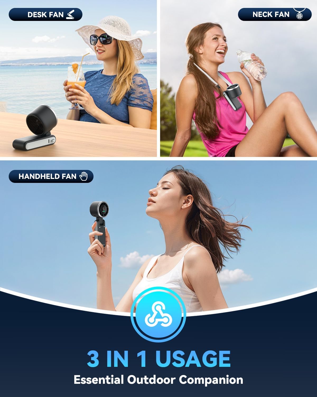 PlayHot Portable Handheld Turbo Fan, 5-Speed Personal Fan, USB-C Rechargeable Fan Up to 12 Hours, 3 IN 1 Hand Fan with Air Turbo Tech Cooling, Travel Fan for Cruise, Beach, Gifts for Women