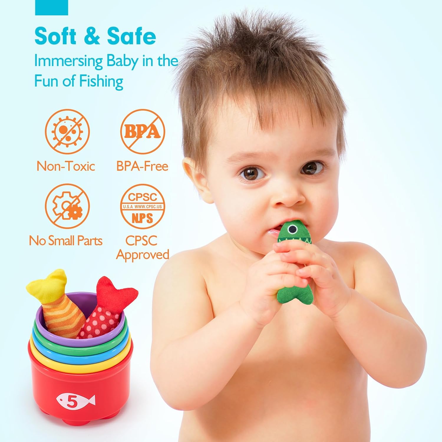 hahaland Montessori Toys for 1 Year Old Boy Girl Birthday Gift - 10 in 1 Cloth Fishing Game Toddler Toys with Stacking Cups - Number Counting, Color Sorting Learning