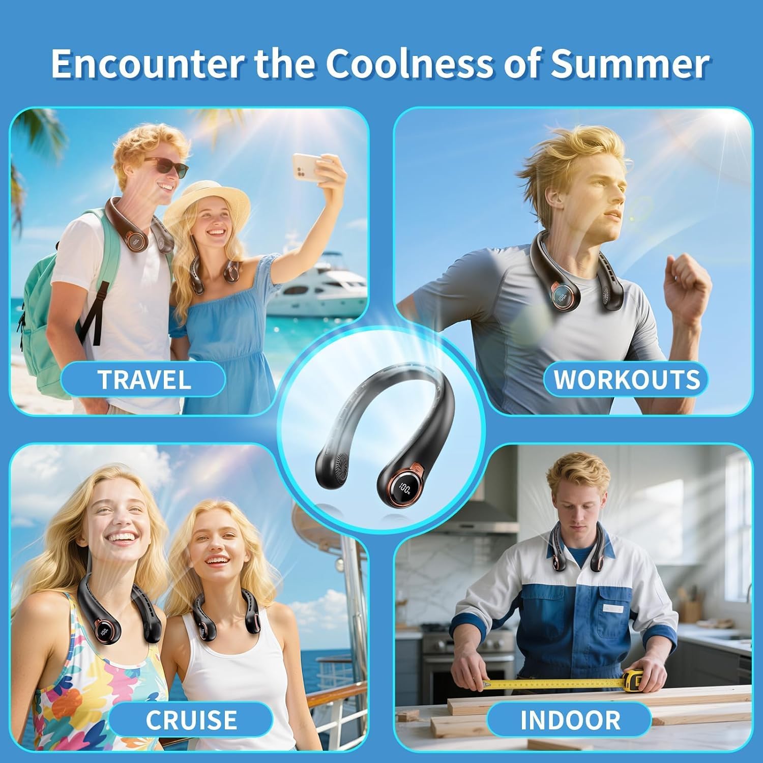 Portable Neck Fan with 6000mAh USB - Rechargeable Battery, Ultra-Light Bladeless Neck Fan LED Display, 360° Cooling Wearable Fan, 3 Speeds