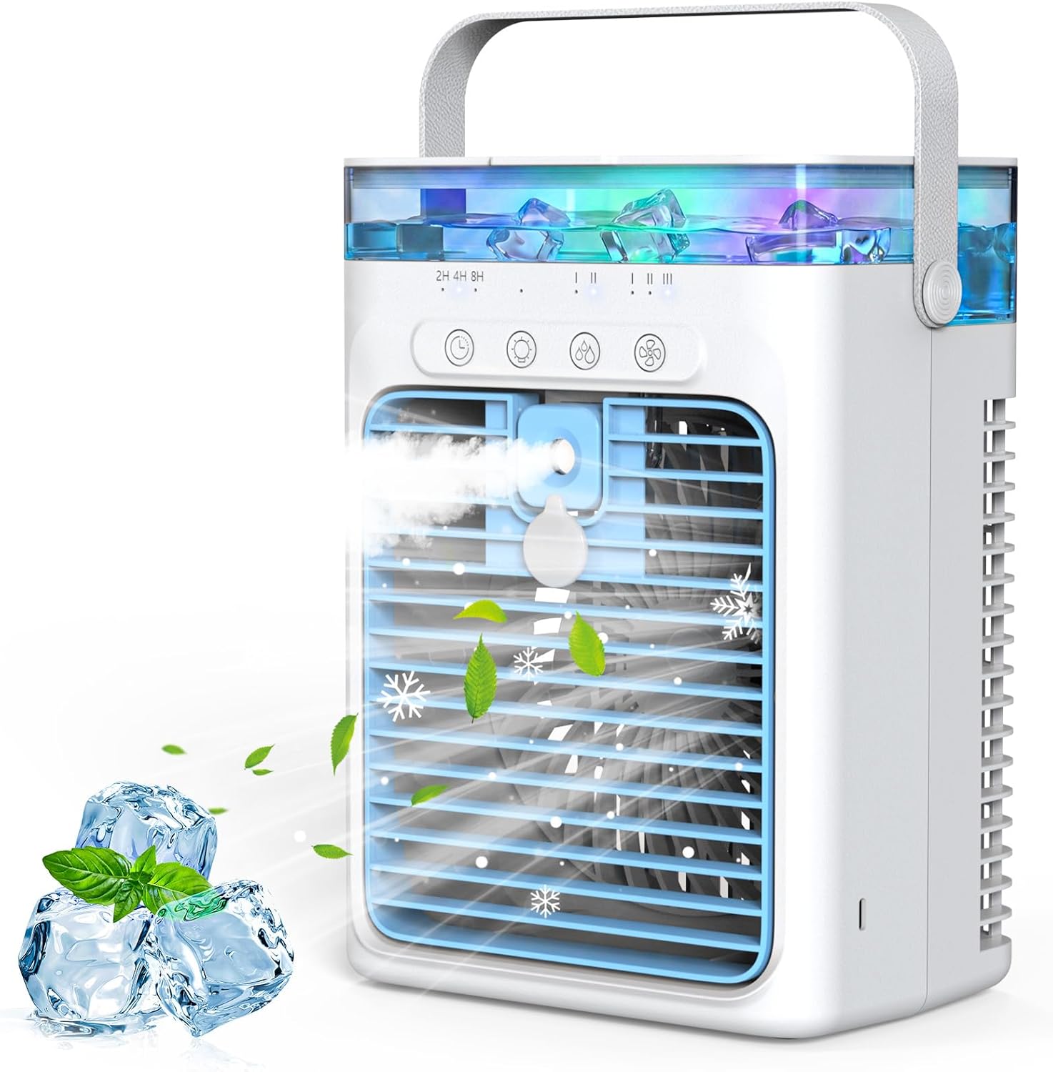 Portable Air Conditioners, 4 in 1 Mini AC Air Conditioner with 1000ml Water Tank, 3 Speeds, 2 Mist Modes, 2/4/8H Timer, Ambient Light, USB Evaporative Air Cooler Cooling Fan for Camping Room Bedroom
