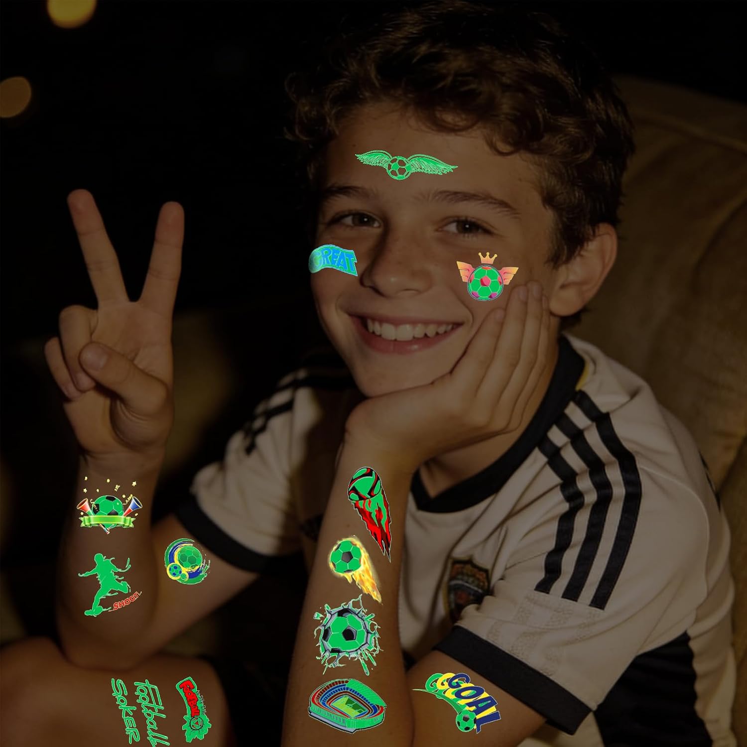 Awinmay Glow in the Dark Soccer Temporary Tattoos for Kids, 60Pcs Sport Party Favors for Boys and Girls, Goodie Bag Stuffers, Sports Fan Makeup for Game Day & Soccer Birthday Party Decorations