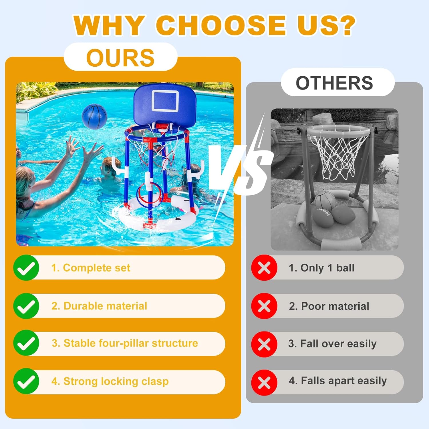2-in-1 Poor Toy Basketball & Ring Toss Game with 4 Balls, 6 Rings&Pump, Summer Pool Toys Outdoor Water Fun Family Party for Age 3-12