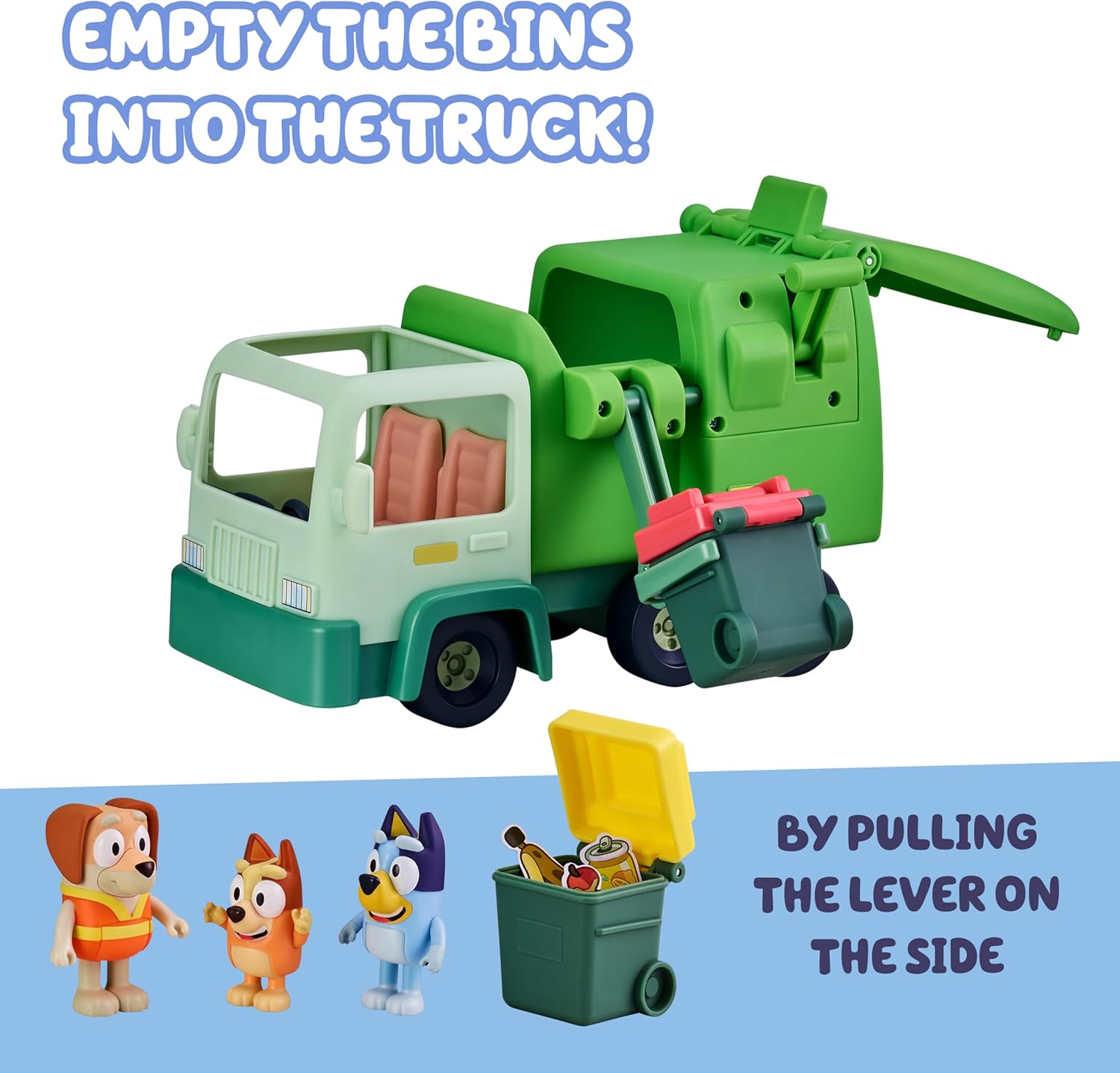 Bluey Garbage Truck Playset, Bingo & Bin Man Figures, Interactive Lever | Includes 2 rubbish bins, 2.5-inch articulated figures, two-seat cab, and rear storage for garbage trucks play