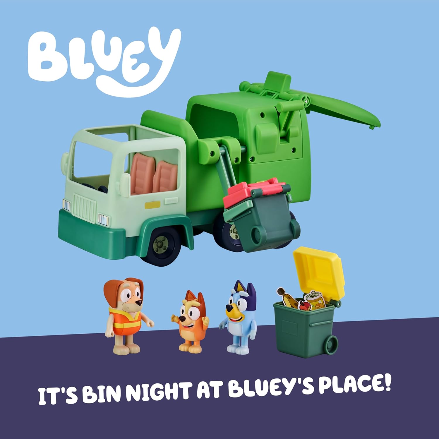 Bluey Garbage Truck Playset, Bingo & Bin Man Figures, Interactive Lever | Includes 2 rubbish bins, 2.5-inch articulated figures, two-seat cab, and rear storage for garbage trucks play