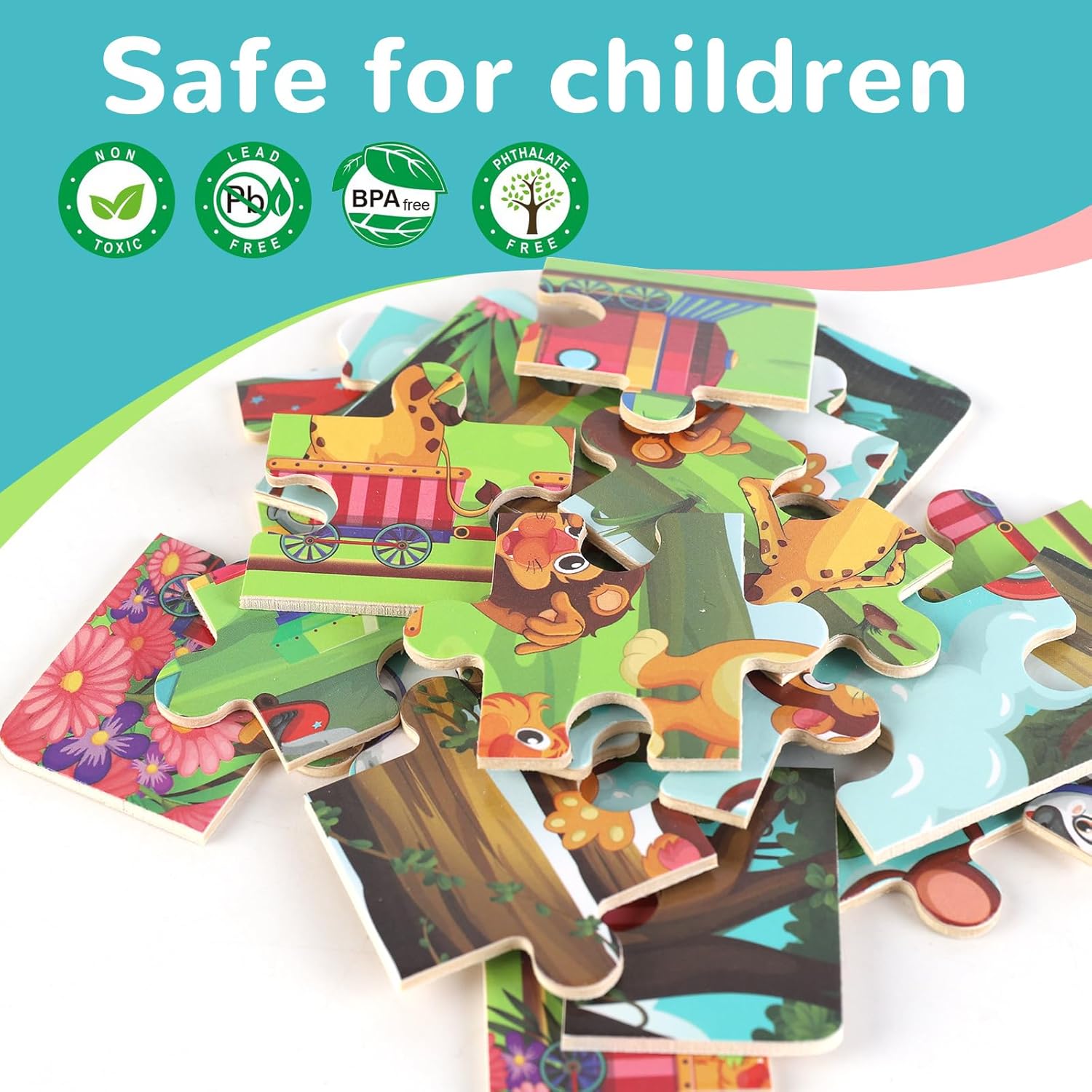 Wooden Educational Jigsaw Puzzles for Preschool Kids Ages 3-5, 4-Pack with 20 Pieces Wood Puzzles Set, Toddler Brain Teaser Toys, Gifts for Boys Girls Ages 3 4 5 6