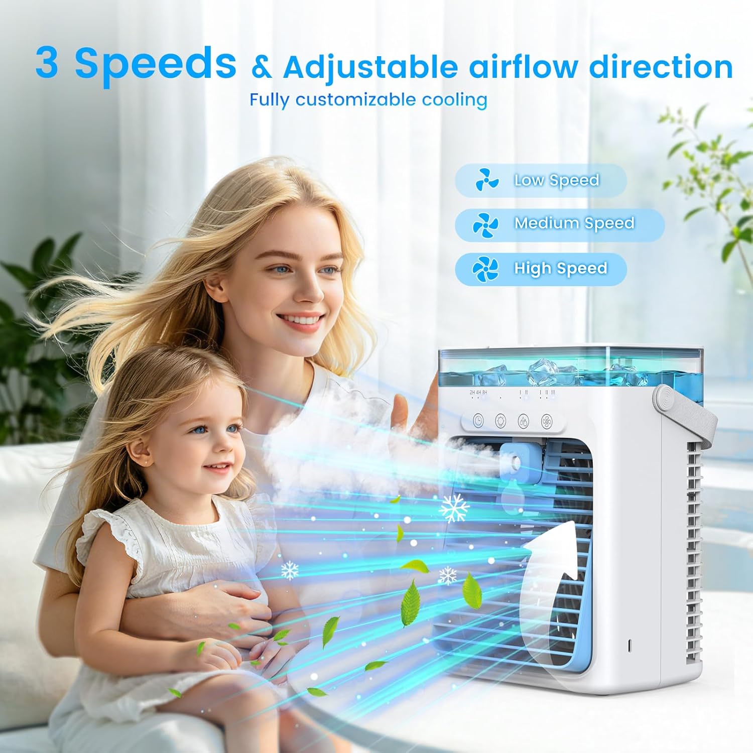 Portable Air Conditioners, 4 in 1 Mini AC Air Conditioner with 1000ml Water Tank, 3 Speeds, 2 Mist Modes, 2/4/8H Timer, Ambient Light, USB Evaporative Air Cooler Cooling Fan for Camping Room Bedroom