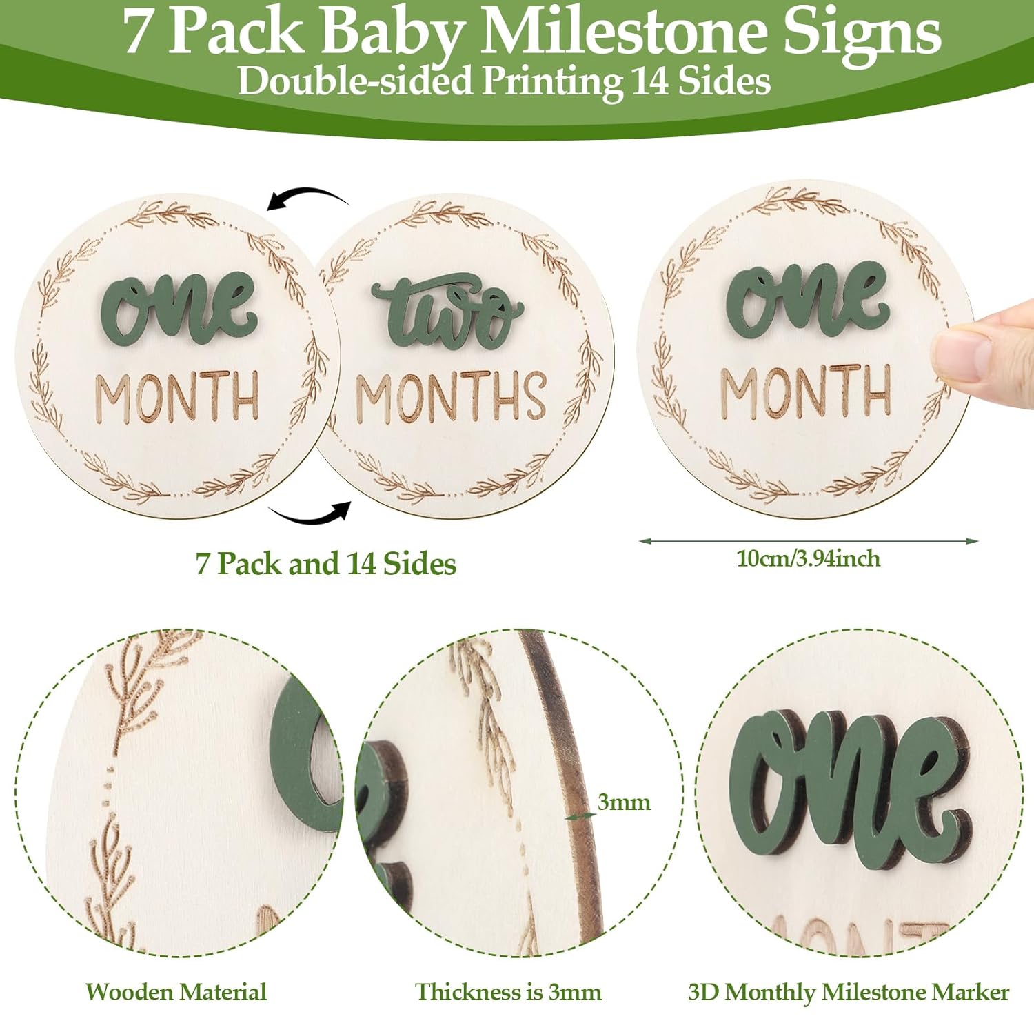 7 Pack Baby Monthly Milestone Signs, Double Sided Baby Milestone Signs Wooden Baby Announcement Sign for 1-12 Months Baby Milestone Pictures