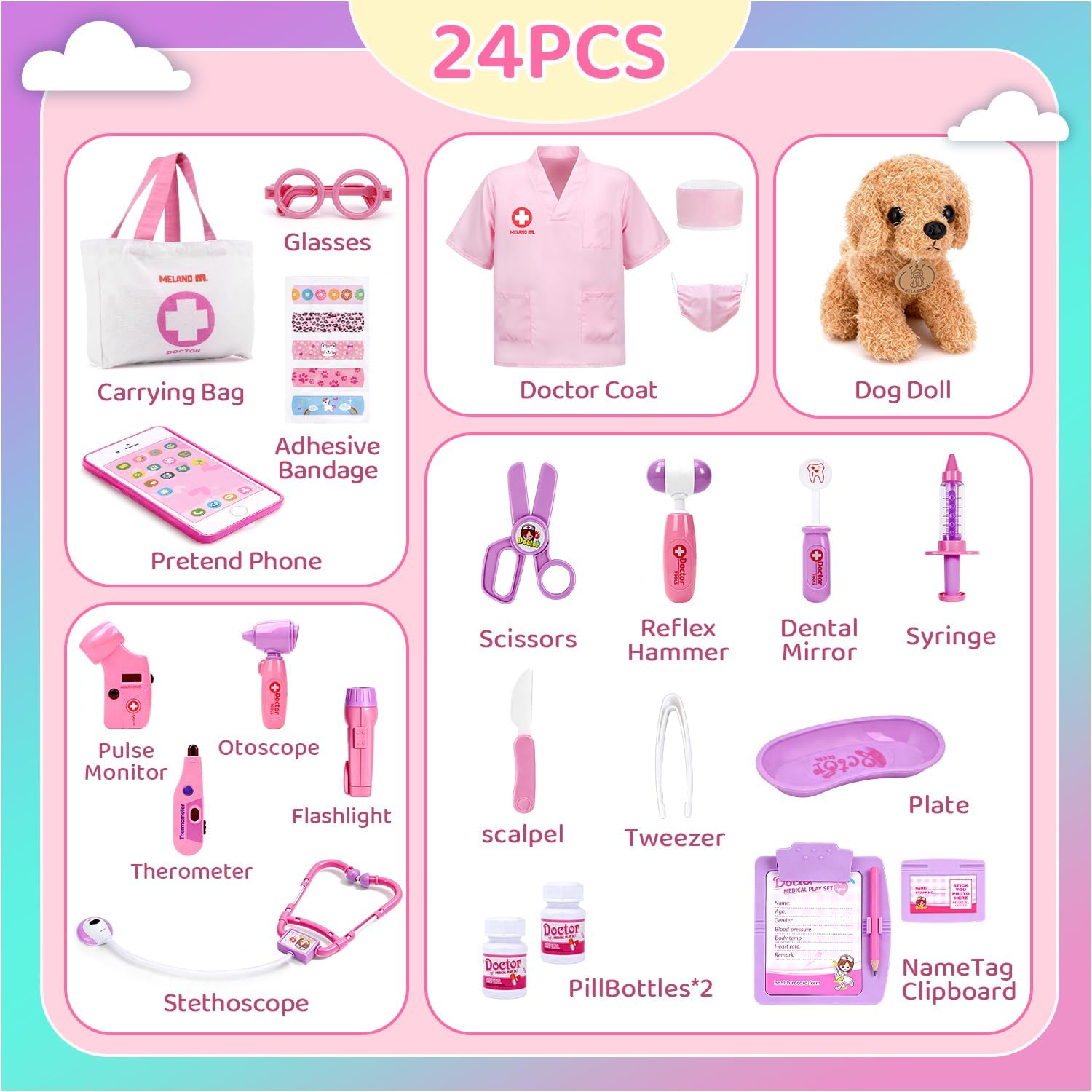 Meland Toy Doctor Kit for Girls - Pretend Play Doctor Set with Carrying Case,Stethoscope Toy & Dress Up Costume - Doctor Play Set for Girls Toddlers Ages 3 4 5 6 Year Old for Role Play Gift