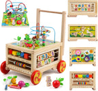 Wooden Activity Cube 7-in-1 Montessori Toy Multipurpose Educational Learning Toy for 1+ Year Old Baby Toddler Kid Boy First Birthday Gift Bead Maze Gear Number Animal Board Carrots Harvest Game