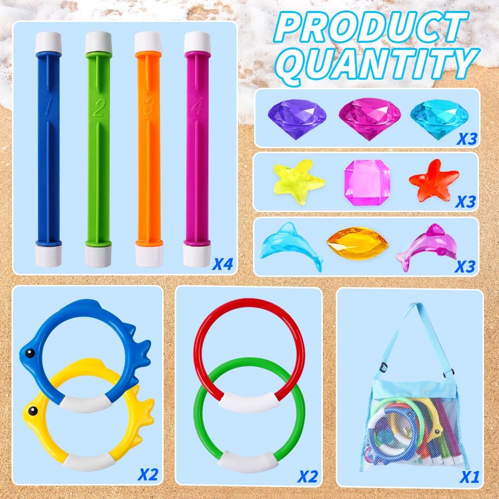 YUJUN Pool Diving Swimming Toys, Summer Underwater Game Toys with Pool Fishes Dive Sticks Rings Gems Storage Bag for Kids Swim Birthday Party Favors