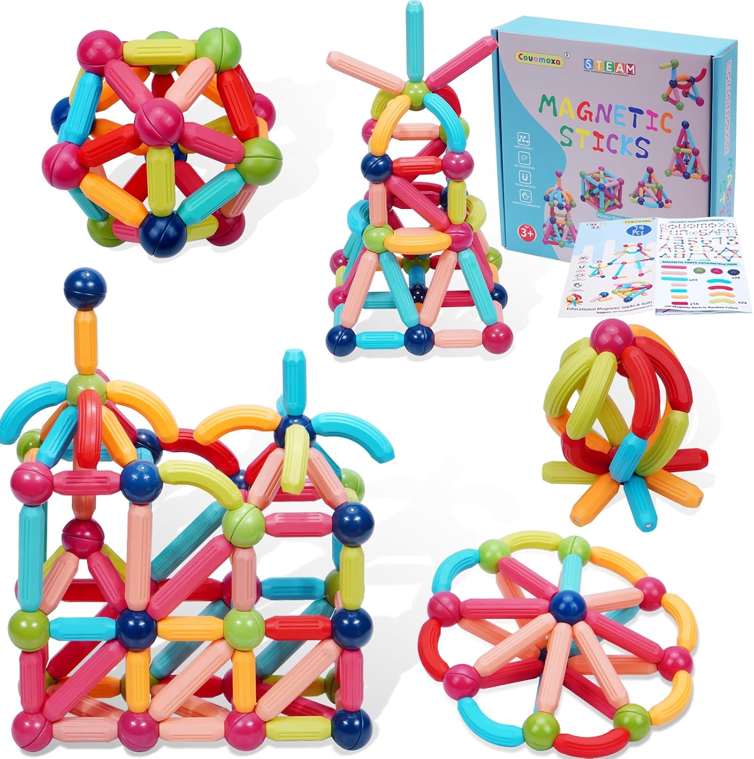 COUOMOXA Magnetic Building Blocks for Toddlers: STEM Educational Toys for 3 4 5+ Years Old Kids - Magnetic Stick Montessori Game for Family for Boys Girls 3-5