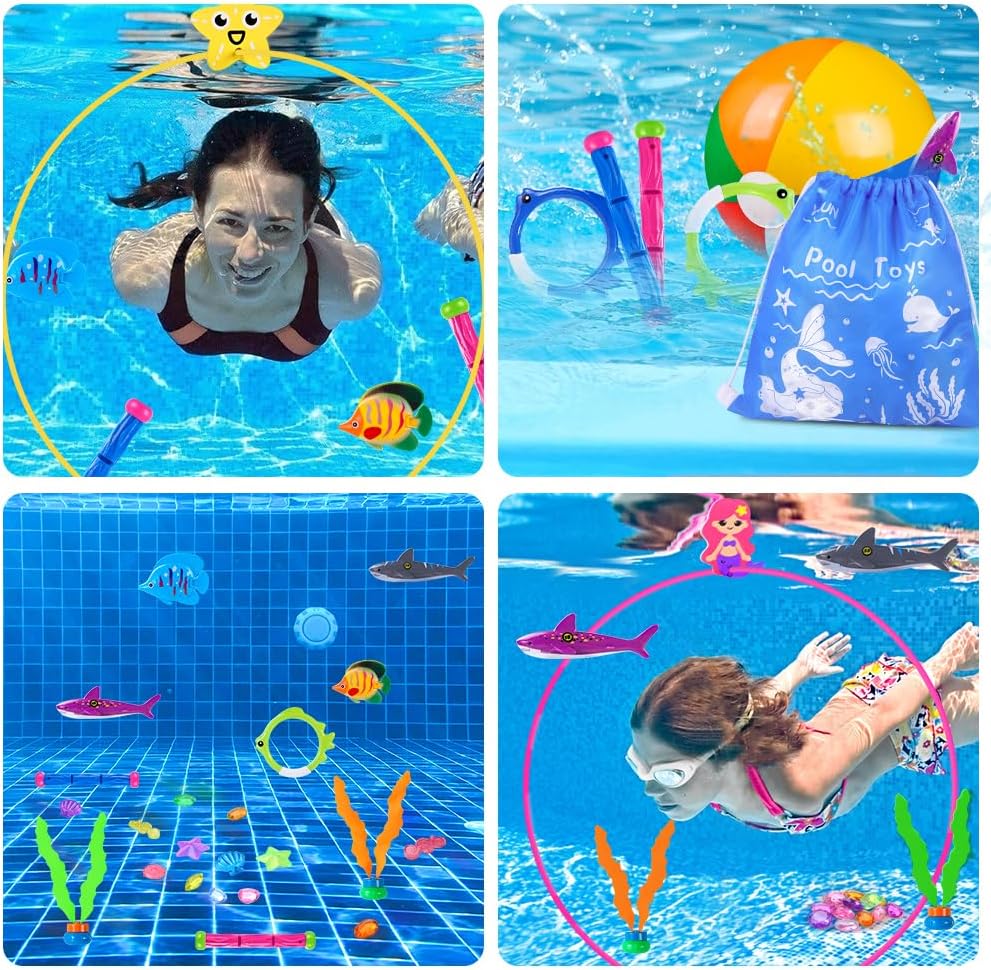 YUJUN Pool Diving Swimming Toys, Summer Underwater Game Toys with Pool Fishes Dive Sticks Rings Gems Storage Bag for Kids Swim Birthday Party Favors