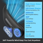 Portable Neck Fan, Personal Wearable Bladeless Fan, 6000mAh USB Rechargeable, 360° Airflow, LED Display, 4-Speeds, Hands Free Fan for Outdoor Indoor, Birthday Gifts for Men Women Dad Mom