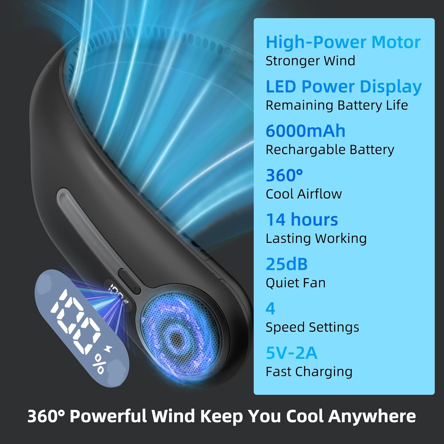 Portable Neck Fan, Personal Wearable Bladeless Fan, 6000mAh USB Rechargeable, 360° Airflow, LED Display, 4-Speeds, Hands Free Fan for Outdoor Indoor, Birthday Gifts for Men Women Dad Mom